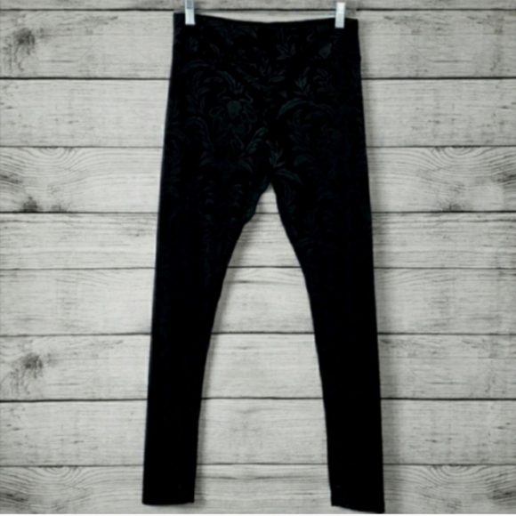 Black Velour Damask Jacquard Stretchy Leggings - Picture 2 of 4
